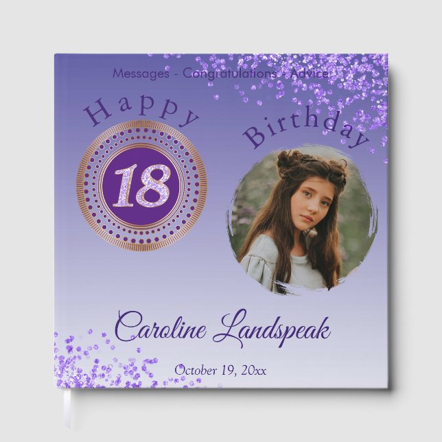 Personalised Photo Purple Glitter, 18th Birthday Guest Book (Front)