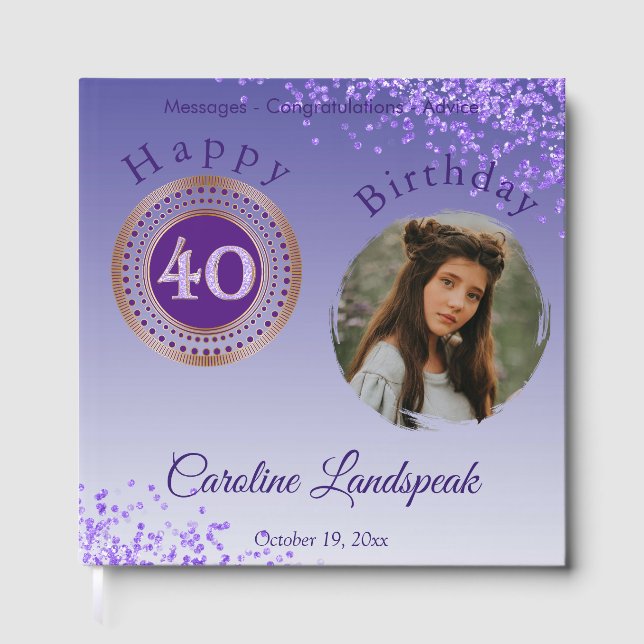 Personalised Photo Purple Glitter, 40th Birthday Guest Book (Front)