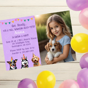 Personalised Photo Purple Puppy Birthday Paw-ty Invitation