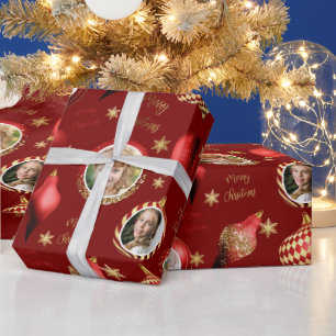 Personalised Photo Red and Gold Christmas Wrapping Paper