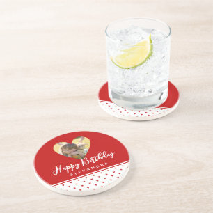 Personalised Photo Red Heart Frame Modern Birthday Coaster