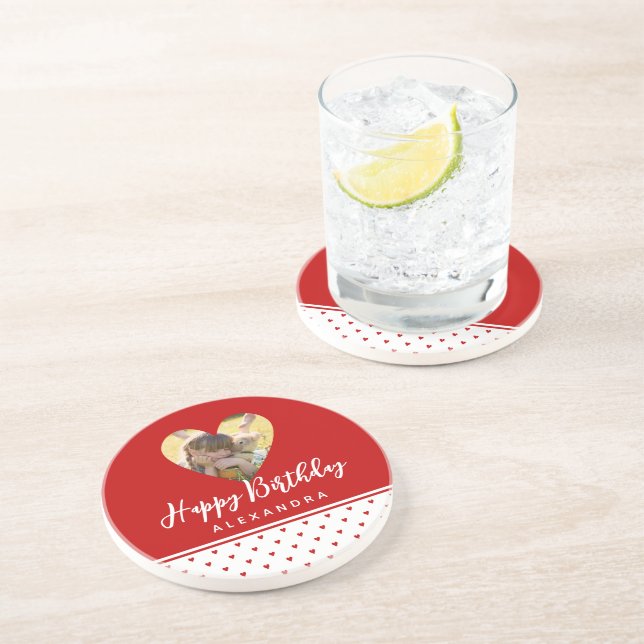 Personalised Photo Red Heart Frame Modern Birthday Coaster (Side)