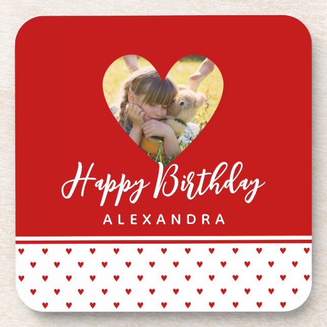 Personalised Photo Red Heart Frame Modern Birthday Coaster (Front)