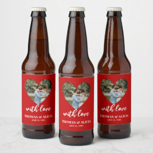 Personalised Photo Red Heart Frame Modern Wedding Beer Bottle Label