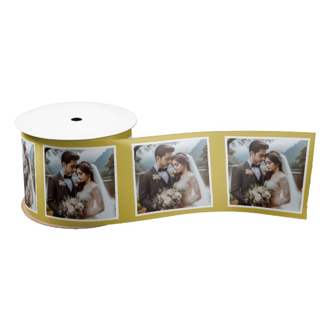 Personalised Photo Ribbon White Old Gold Wedding Satin Ribbon (Spool)