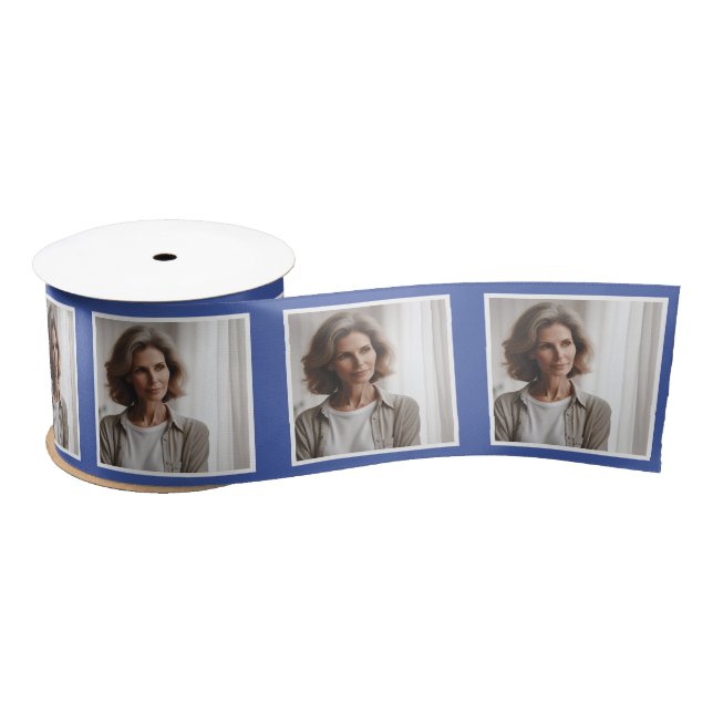Personalised Photo Ribbon White on Medium Blue Satin Ribbon (Spool)