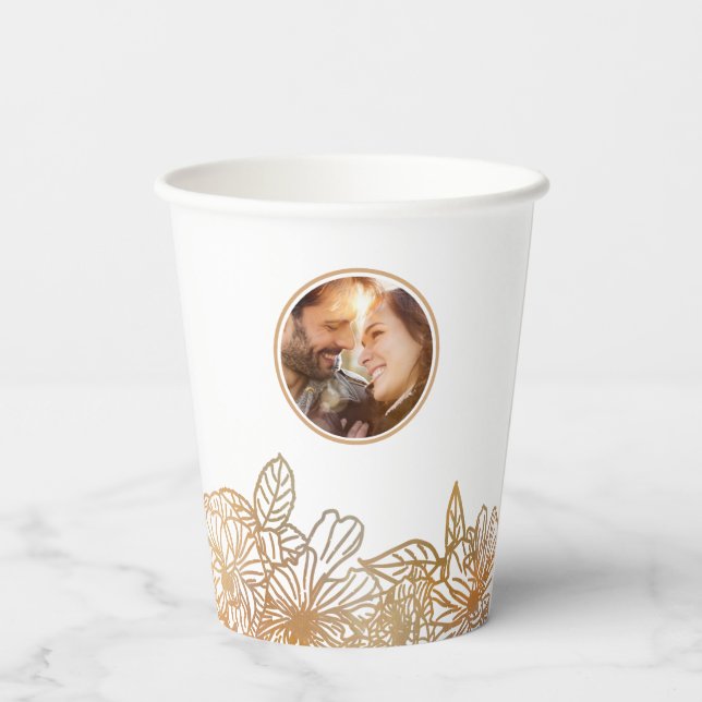 Personalised Photo Rose Gold Flowers Chic Wedding Paper Cups (Back)