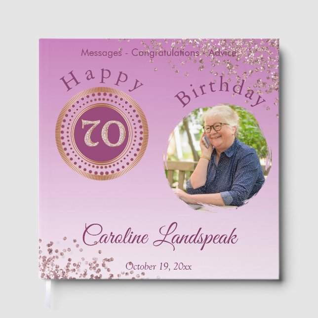 Personalised Photo Rose Gold Glitter 70th Birthday Guest Book (Front)