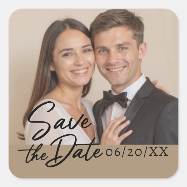 Personalised Photo Save The Date Script Square Sticker (Front)