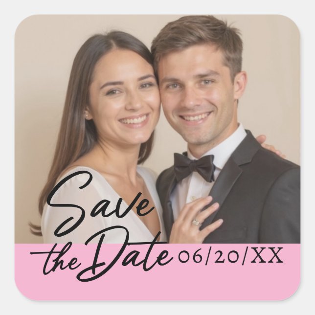Personalised Photo Save The Date Script Square Sticker (Front)