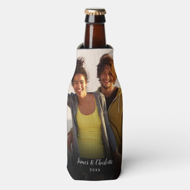 Personalised Photo Script Name Date Bottle Cooler (Bottle Front)