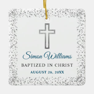 Personalised Photo Silver Glitter Cross Baptism Ceramic Ornament