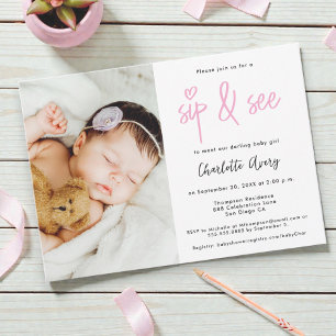 Personalised Photo Sip and See Baby Girl Shower Invitation