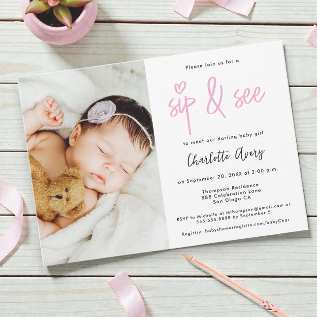 Personalised Photo Sip and See Baby Girl Shower Invitation (Sip and see custom baby girl minimalist design with photo.)