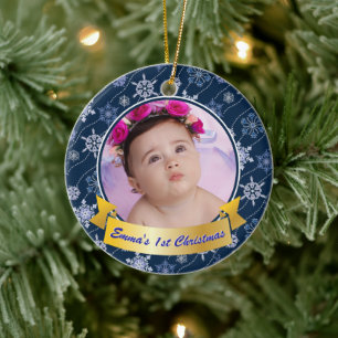 Personalised Photo Snowflake Navy Blue Ceramic Ornament