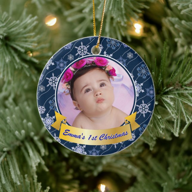 Personalised Photo Snowflake Navy Blue Ceramic Ornament (Tree)