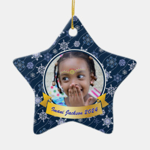 Personalised Photo Snowflake Navy Blue Star Shape Ceramic Ornament