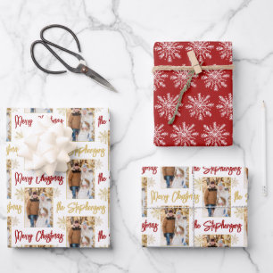 Personalised Photo Snowflake Script Name Red Gold Wrapping Paper Sheet