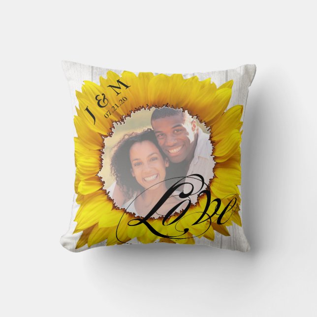 Personalised Photo Sunflower Wedding Names Date Cushion (Front)