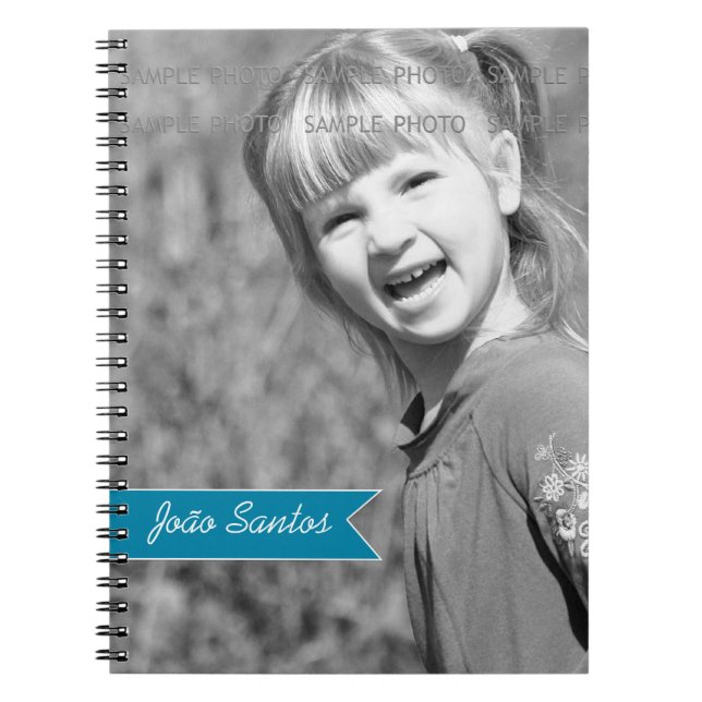 Personalised Photo Teal Blue Banner Custom Name Notebook (Front)