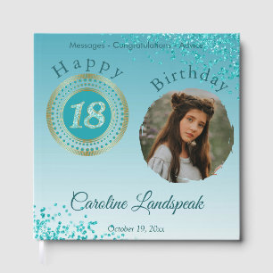 Personalised Photo Teal Blue Glitter 18th Birthday Guest Book