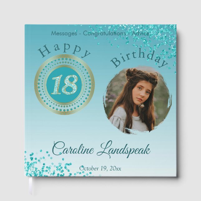 Personalised Photo Teal Blue Glitter 18th Birthday Guest Book (Front)