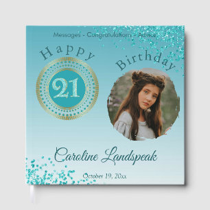 Personalised Photo Teal Blue Glitter 21st Birthday Guest Book