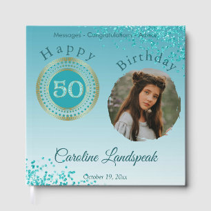 Personalised Photo Teal Blue Glitter 50th Birthday Guest Book