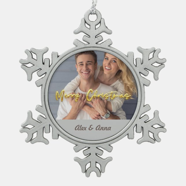 Personalised Photo template Gold and grey Merry Snowflake Pewter Christmas Ornament (Front)