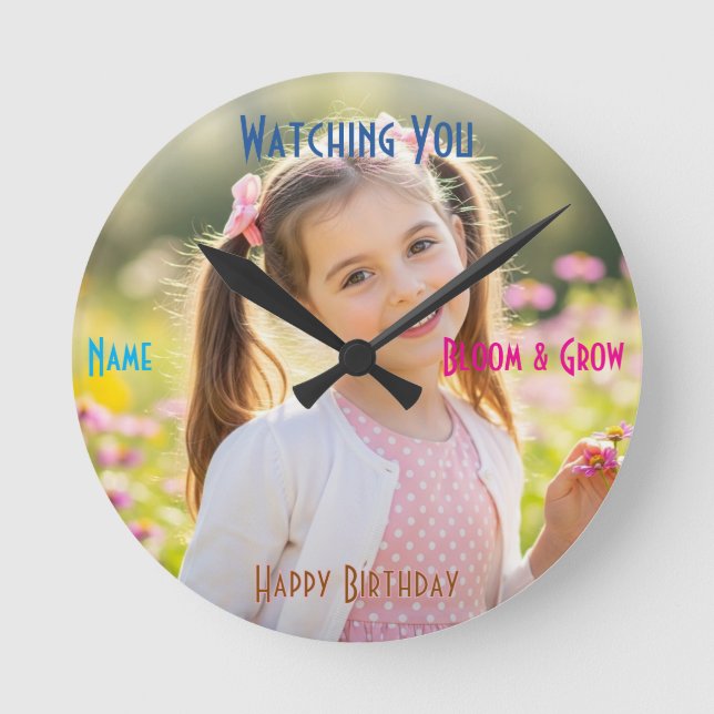 Personalised Photo & Text Custom Birthday Gift Round Clock (Front)
