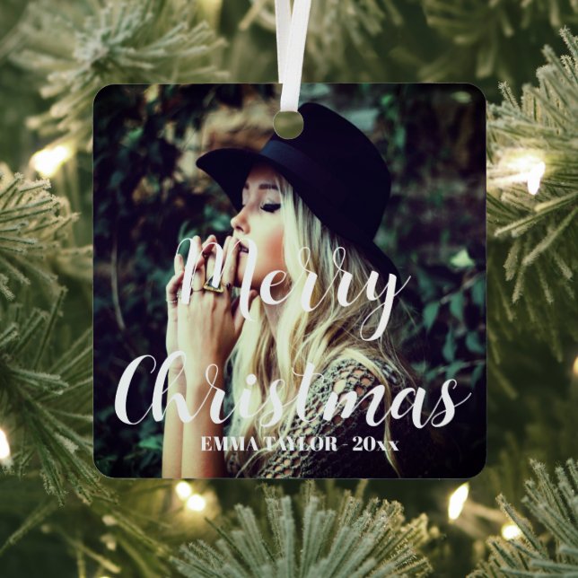 Personalised Photo Typography Merry Christmas  Metal Tree Decoration (Insitu)