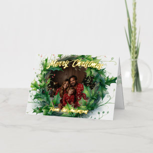 Personalised Photo Watercolor Holly Wreath Foil Greeting Card