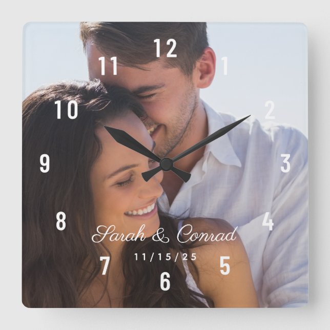Personalised Photo Wedding Date Square Wall Clock (Front)