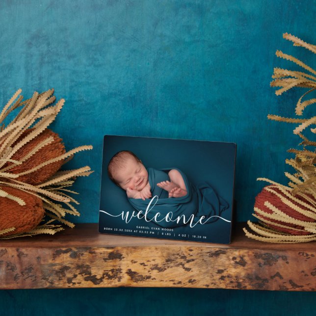 Personalised Photo Welcome Script Overlay Baby Plaque (Side)
