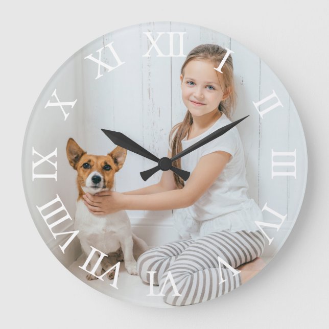 Personalised Photo White Roman Numbers Large Clock (Front)