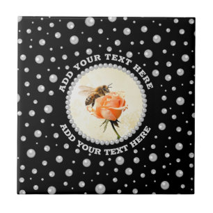 Personalised Photo with Pearls Circle on Black Ceramic Tile