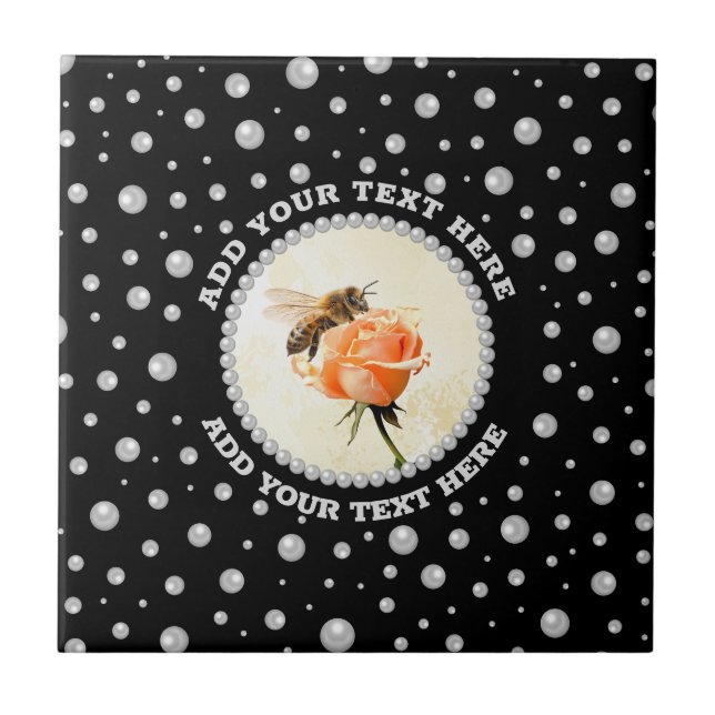 Personalised Photo with Pearls Circle on Black Ceramic Tile (Front)