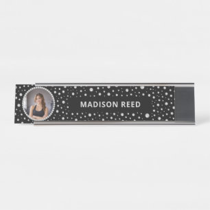 Personalised Photo with Pearls Circle on Black Desk Name Plate