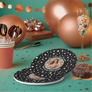 Personalised Photo with Pearls Circle on Black Paper Plate