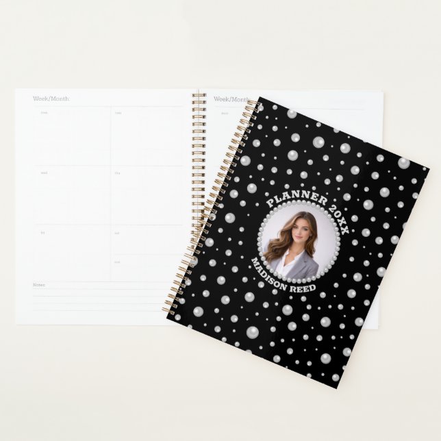 Personalised Photo with Pearls Circle on Black Planner (Display)