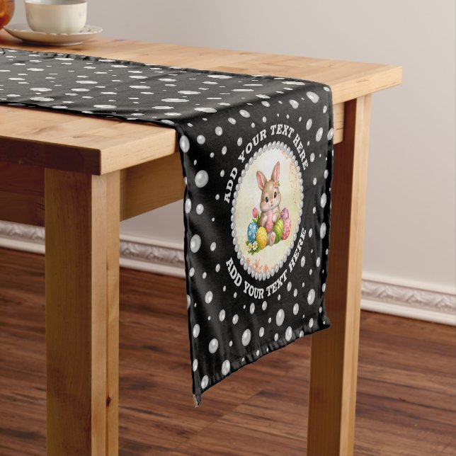 Personalised Photo with Pearls Circle on Black Short Table Runner (In Situ)
