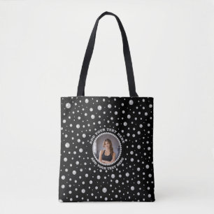 Personalised Photo with Pearls Circle on Black Tote Bag