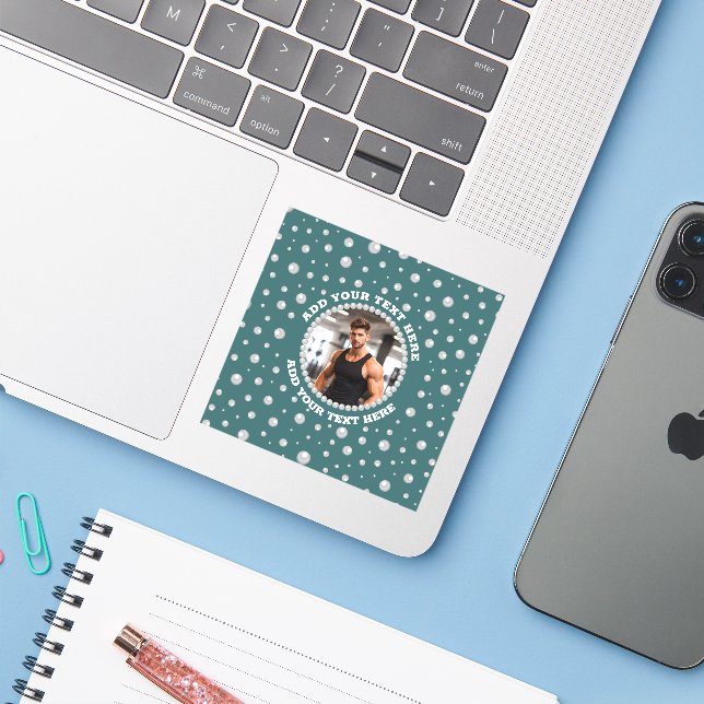 Personalised Photo with Pearls Circle on Teal (Laptop w/ iPhone)