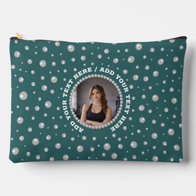 Personalised Photo with Pearls Circle on Teal Accessory Pouch (Front)