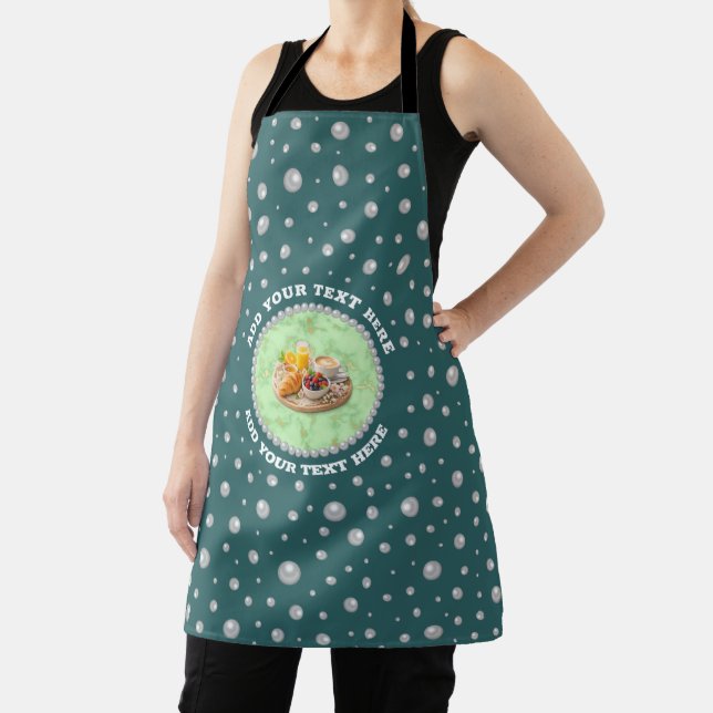 Personalised Photo with Pearls Circle on Teal Apron (Insitu)