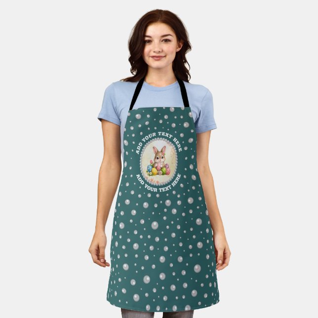 Personalised Photo with Pearls Circle on Teal Apron (Worn)