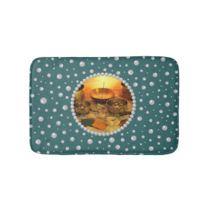 Personalised Photo with Pearls Circle on Teal Bath Mat