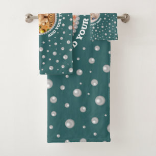 Personalised Photo with Pearls Circle on Teal Bath Towel Set