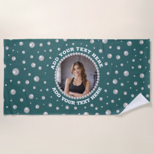 Personalised Photo with Pearls Circle on Teal Beach Towel