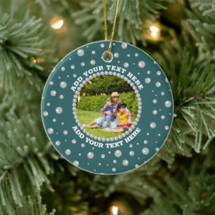 Personalised Photo with Pearls Circle on Teal Ceramic Ornament